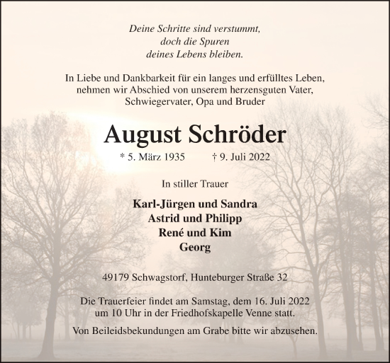 Traueranzeige von August Schröder von Neue Osnabrücker Zeitung GmbH & Co. KG