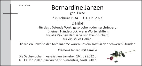 Traueranzeige von Bernardine Janzen von Neue Osnabrücker Zeitung GmbH & Co. KG