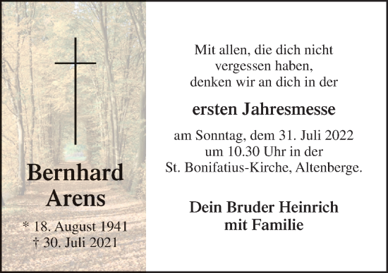 Traueranzeige von Bernhard Arens von Neue Osnabrücker Zeitung GmbH & Co. KG