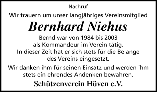 Traueranzeige von Bernhard Niehus von Neue Osnabrücker Zeitung GmbH & Co. KG