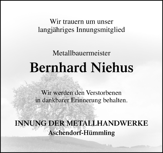 Traueranzeige von Bernhard Niehus von Neue Osnabrücker Zeitung GmbH & Co. KG