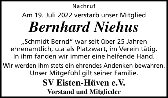 Traueranzeige von Bernhard Niehus von Neue Osnabrücker Zeitung GmbH & Co. KG