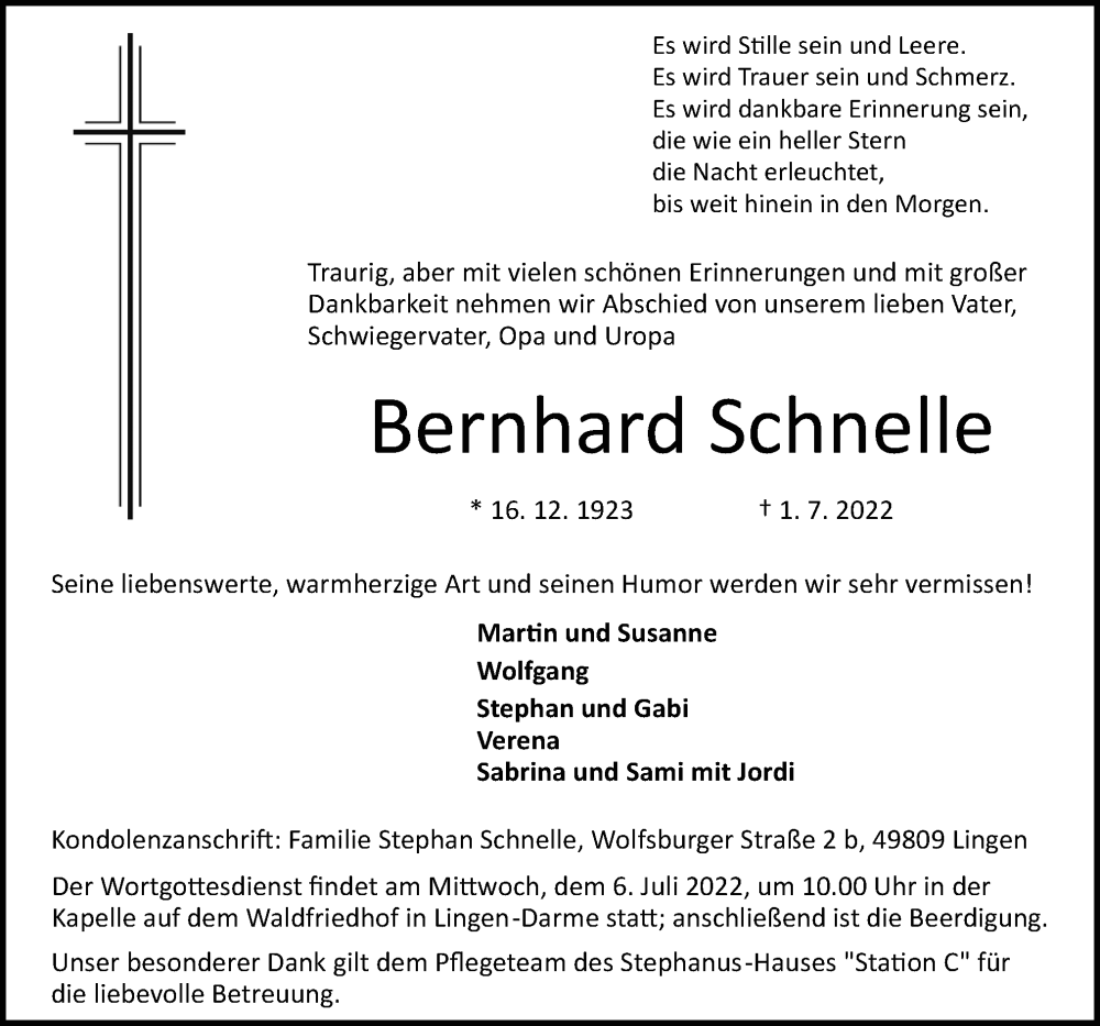  Traueranzeige für Bernhard Schnelle vom 05.07.2022 aus Neue Osnabrücker Zeitung GmbH & Co. KG