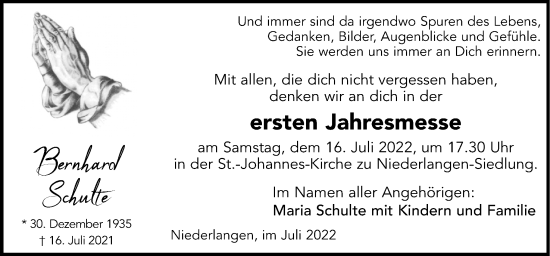 Traueranzeige von Bernhard Schulte von Neue Osnabrücker Zeitung GmbH & Co. KG