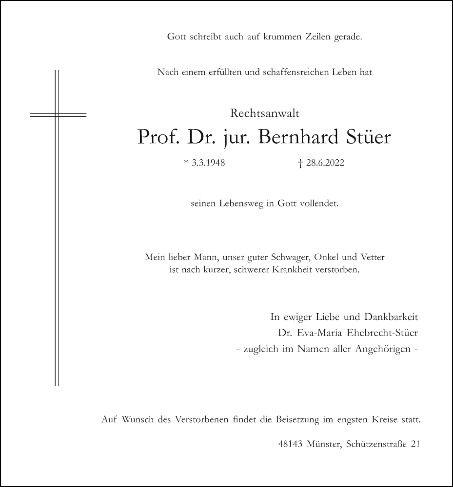  Traueranzeige für Bernhard Stüer vom 02.07.2022 aus Neue Osnabrücker Zeitung GmbH & Co. KG