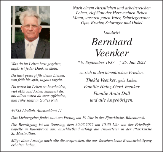Traueranzeige von Bernhard Veenker von Neue Osnabrücker Zeitung GmbH & Co. KG