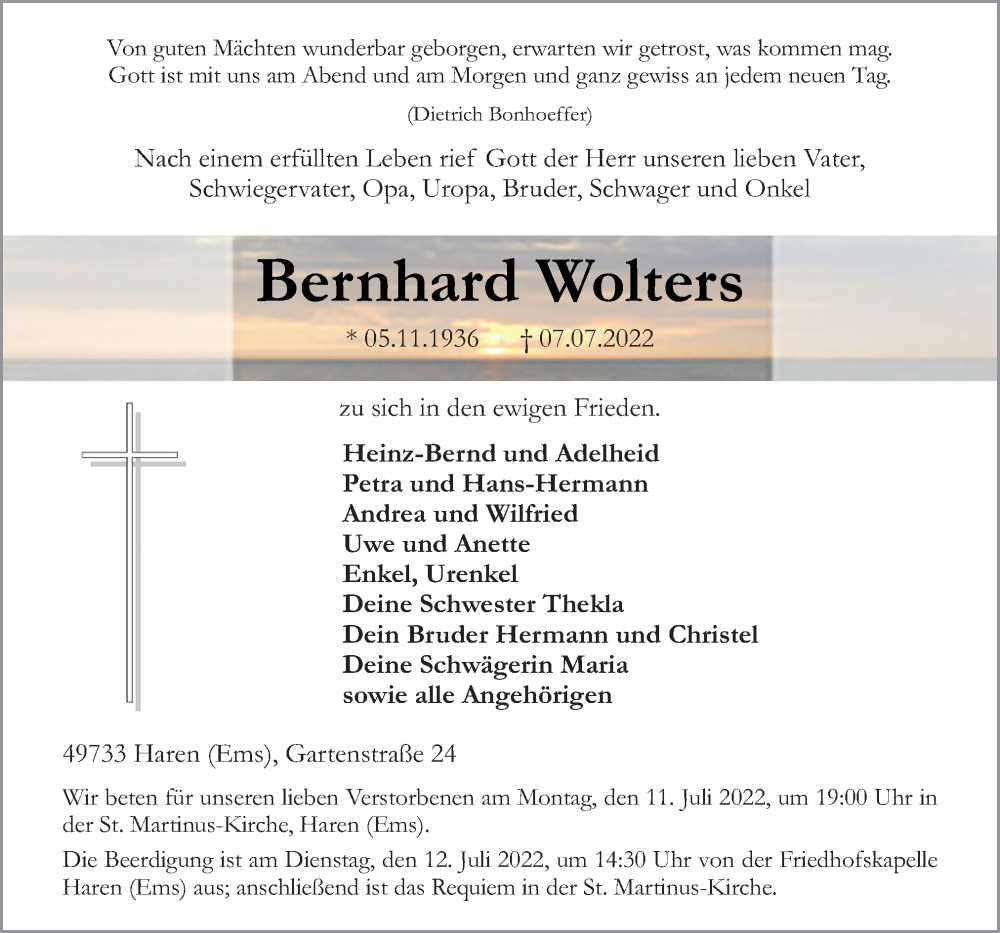  Traueranzeige für Bernhard Wolters vom 09.07.2022 aus Neue Osnabrücker Zeitung GmbH & Co. KG