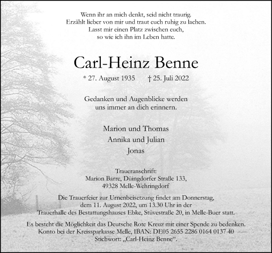 Traueranzeige von Carl-Heinz Benne von Neue Osnabrücker Zeitung GmbH & Co. KG