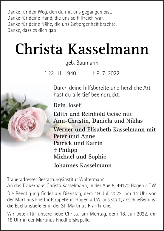 Traueranzeige von Christa Kasselmann von Neue Osnabrücker Zeitung GmbH & Co. KG