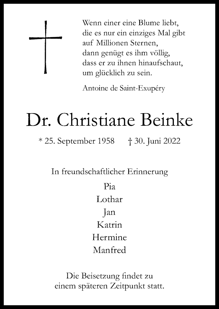 Traueranzeige für Christiane Beinke vom 09.07.2022 aus Neue Osnabrücker Zeitung GmbH & Co. KG