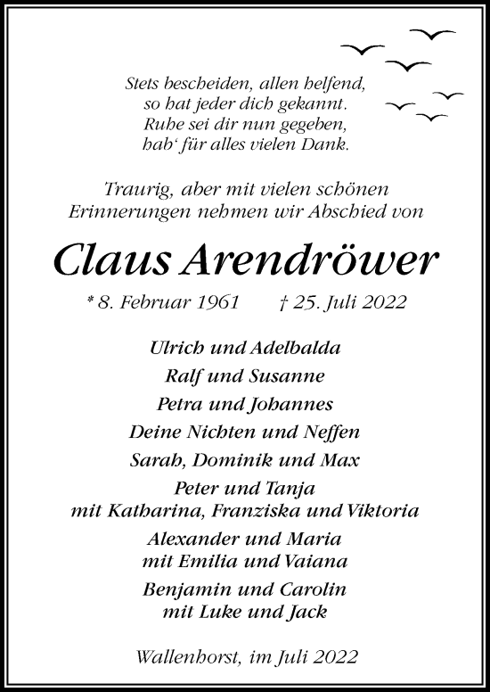 Traueranzeige von Claus Arendröwer von Neue Osnabrücker Zeitung GmbH & Co. KG