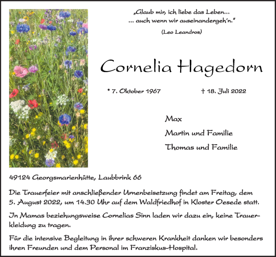 Traueranzeige von Cornelia Hagedorn von Neue Osnabrücker Zeitung GmbH & Co. KG