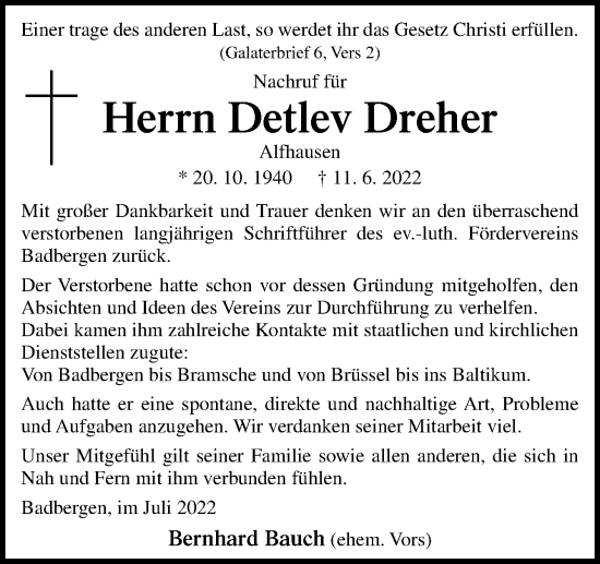 Traueranzeige von Detlev Dreher von Neue Osnabrücker Zeitung GmbH & Co. KG