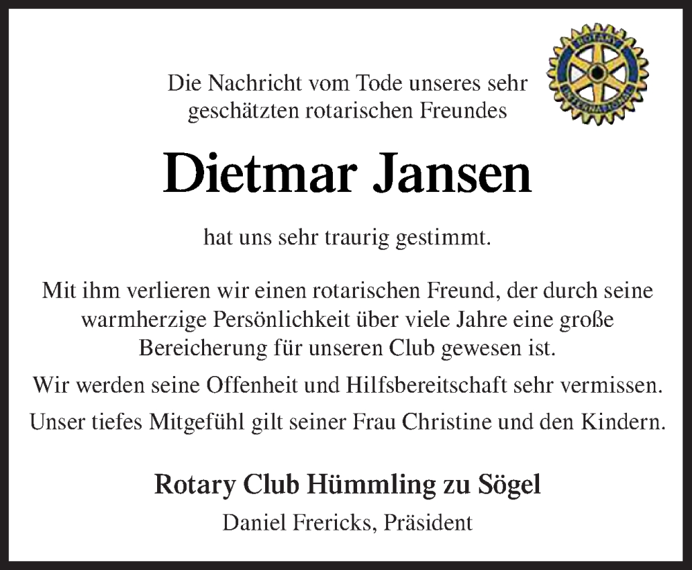  Traueranzeige für Dietmar Jansen vom 08.07.2022 aus Neue Osnabrücker Zeitung GmbH & Co. KG