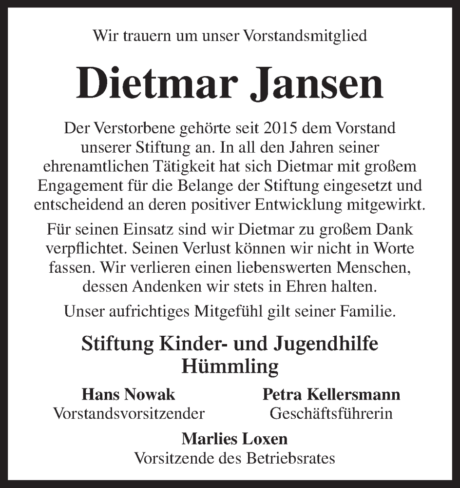  Traueranzeige für Dietmar Jansen vom 08.07.2022 aus Neue Osnabrücker Zeitung GmbH & Co. KG