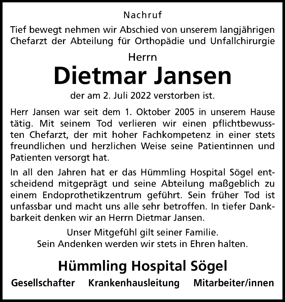  Traueranzeige für Dietmar Jansen vom 08.07.2022 aus Neue Osnabrücker Zeitung GmbH & Co. KG