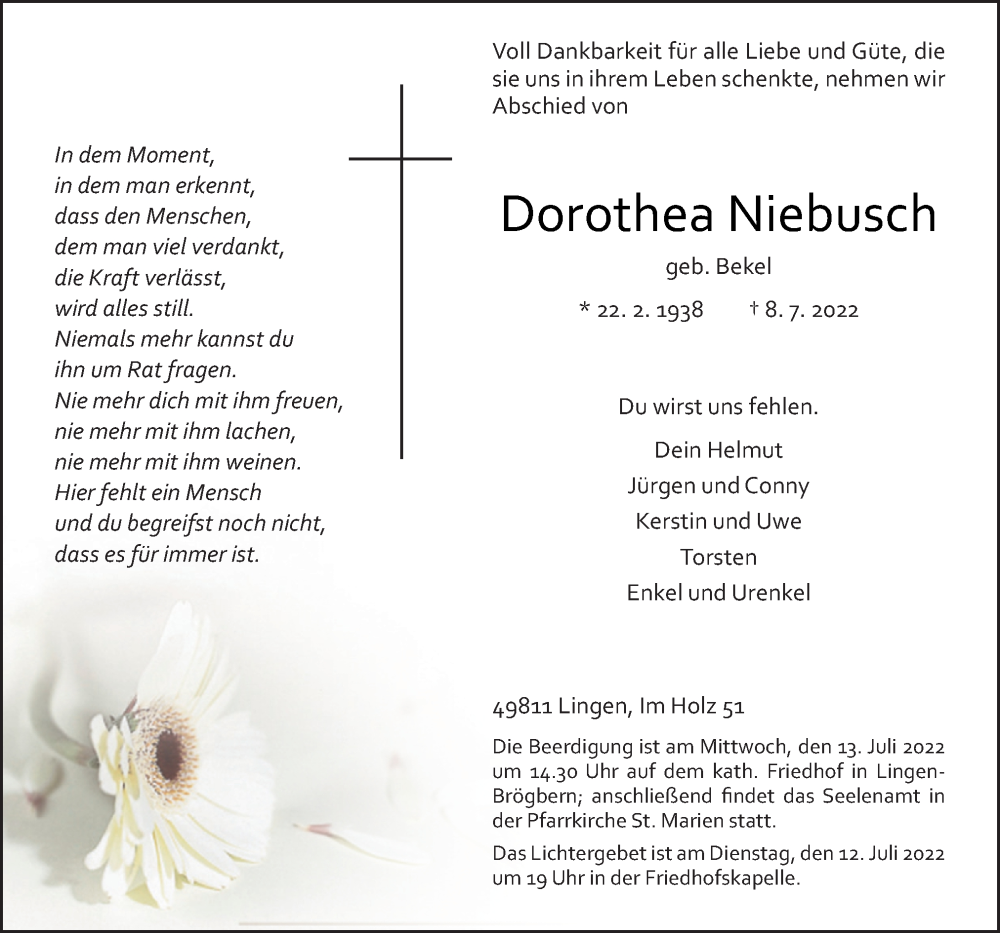  Traueranzeige für Dorothea Niebusch vom 11.07.2022 aus Neue Osnabrücker Zeitung GmbH & Co. KG