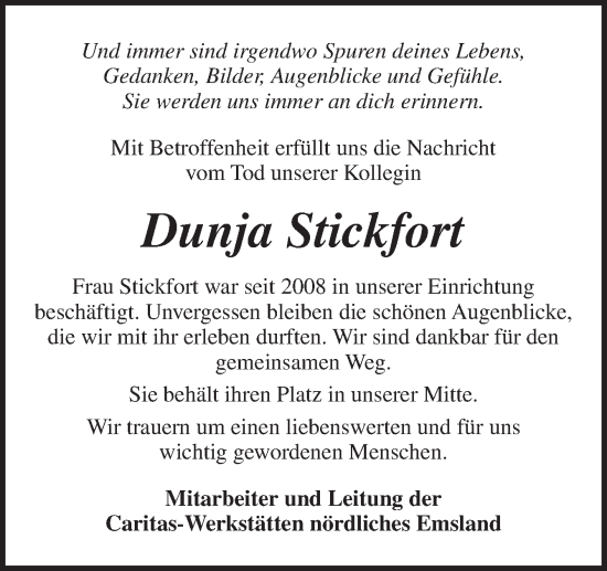 Traueranzeige von Dunja Stickfort von Neue Osnabrücker Zeitung GmbH & Co. KG