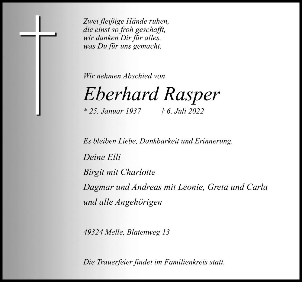  Traueranzeige für Eberhard Rasper vom 09.07.2022 aus Neue Osnabrücker Zeitung GmbH & Co. KG
