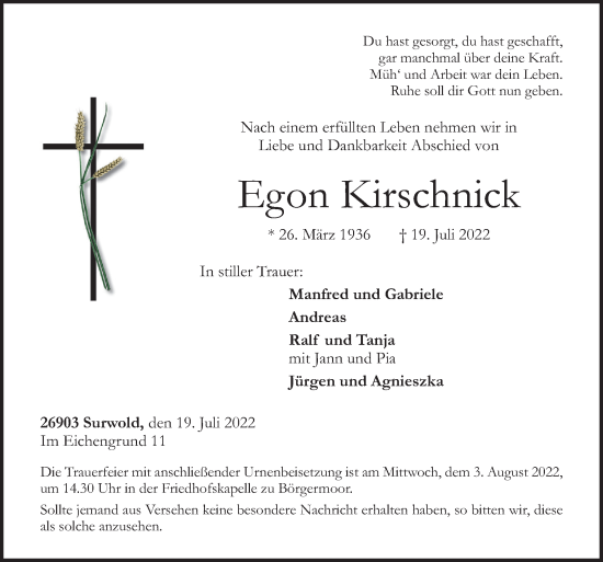 Traueranzeige von Egon Kirschnick von Neue Osnabrücker Zeitung GmbH & Co. KG