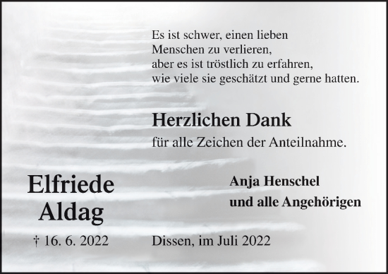 Traueranzeige von Elfriede Aldag von Neue Osnabrücker Zeitung GmbH & Co. KG