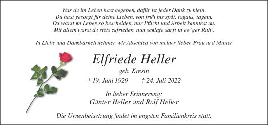 Traueranzeige von Elfriede Heller von Neue Osnabrücker Zeitung GmbH & Co. KG