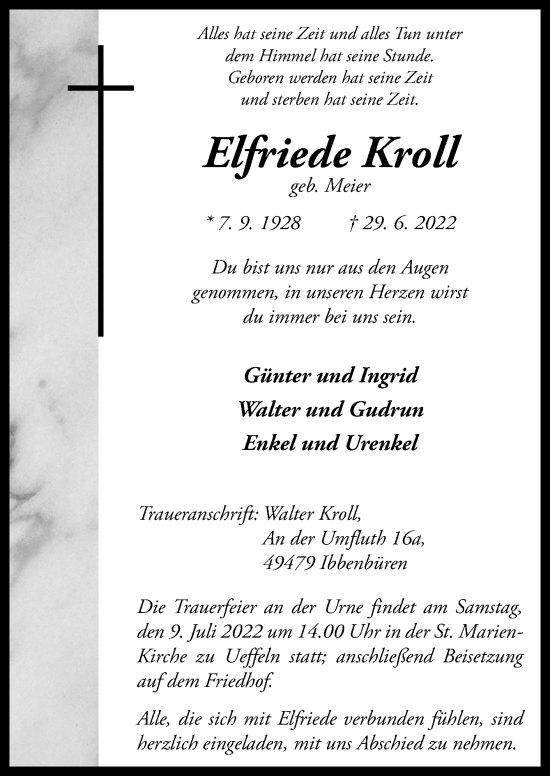 Traueranzeige von Elfriede Kroll von Neue Osnabrücker Zeitung GmbH & Co. KG