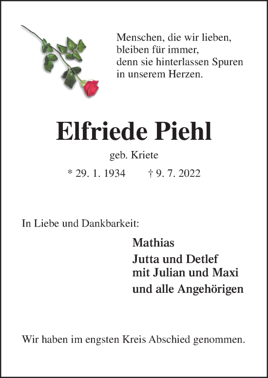 Traueranzeige von Elfriede Piehl von Neue Osnabrücker Zeitung GmbH & Co. KG