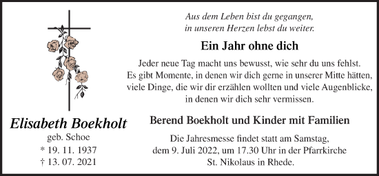 Traueranzeige von Elisabeth Boekholt von Neue Osnabrücker Zeitung GmbH & Co. KG