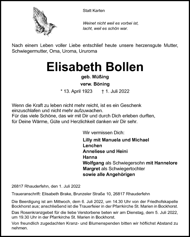  Traueranzeige für Elisabeth Bollen vom 04.07.2022 aus Neue Osnabrücker Zeitung GmbH & Co. KG