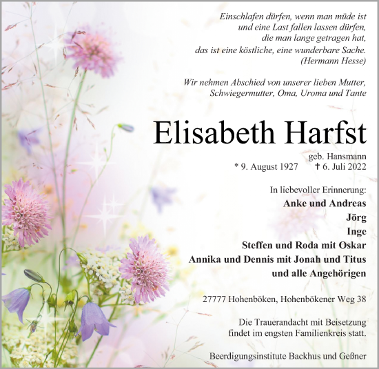 Traueranzeige von Elisabeth Harfst von DK Medien GmbH & Co. KG