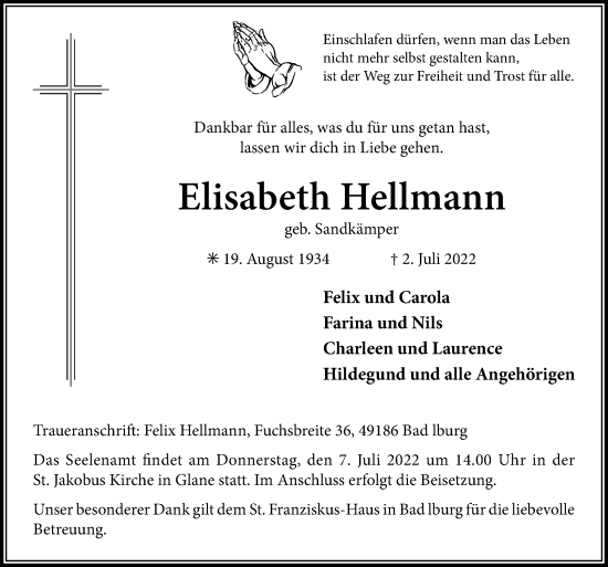 Traueranzeige von Elisabeth Hellmann von Neue Osnabrücker Zeitung GmbH & Co. KG