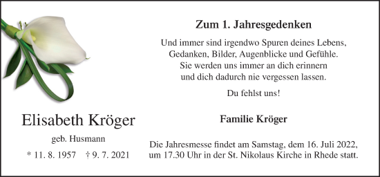 Traueranzeige von Elisabeth Kröger von Neue Osnabrücker Zeitung GmbH & Co. KG