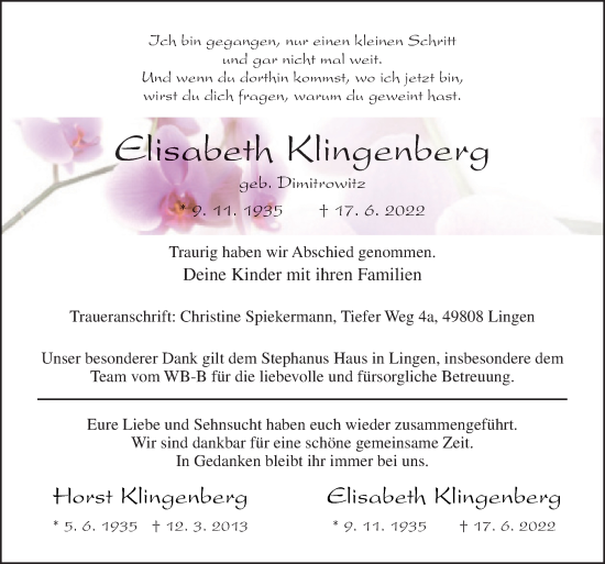 Traueranzeige von Elisabeth und Horst Klingenberg von Neue Osnabrücker Zeitung GmbH & Co. KG