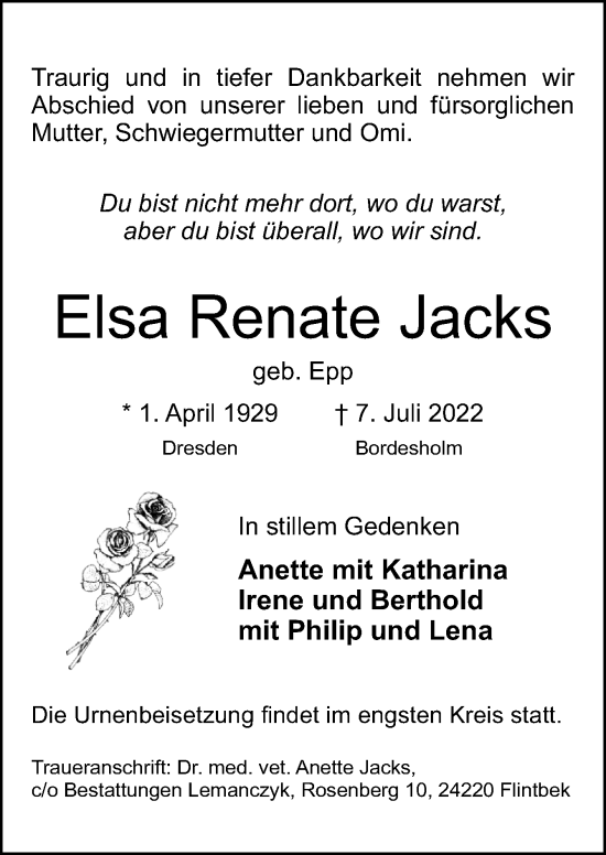 Traueranzeige von Elsa Renate Jacks von Neue Osnabrücker Zeitung GmbH & Co. KG