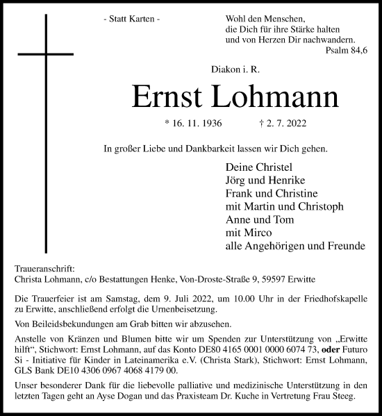 Traueranzeige von Ernst Lohmann von Neue Osnabrücker Zeitung GmbH & Co. KG