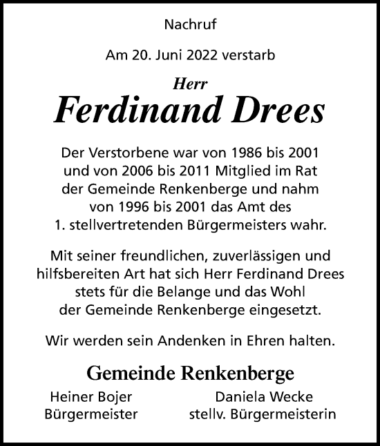 Traueranzeige von Ferdinand Drees von Neue Osnabrücker Zeitung GmbH & Co. KG