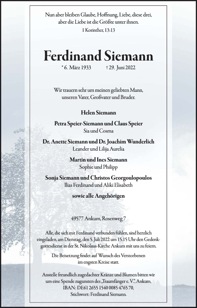  Traueranzeige für Ferdinand Siemann vom 02.07.2022 aus Neue Osnabrücker Zeitung GmbH & Co. KG