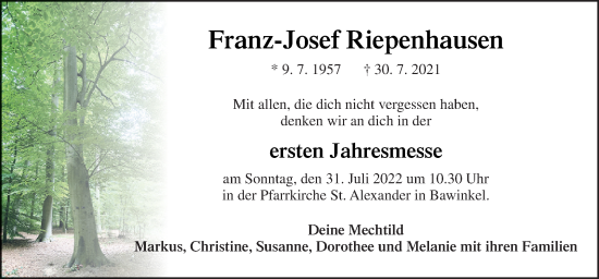 Traueranzeige von Franz-Josef Riepenhausen von Neue Osnabrücker Zeitung GmbH & Co. KG