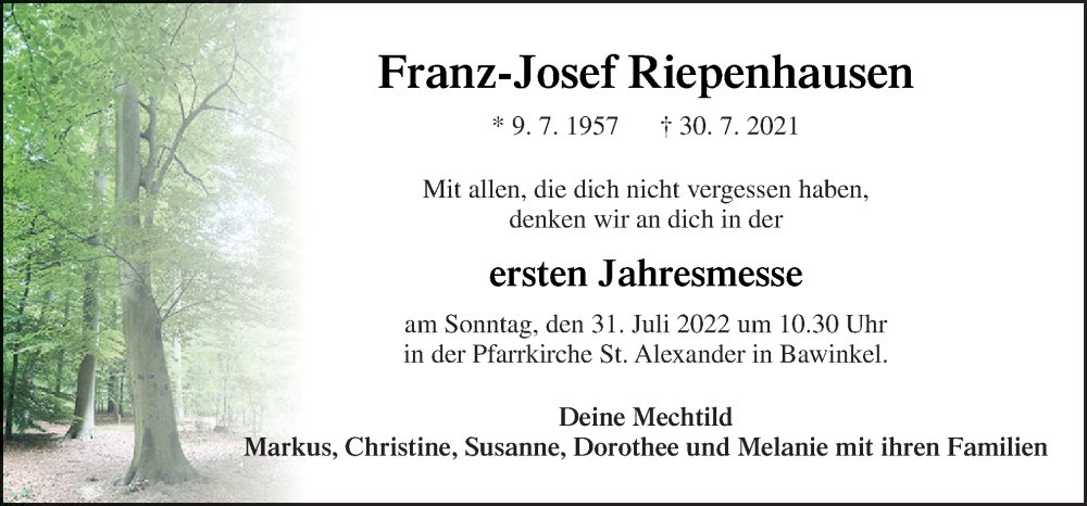  Traueranzeige für Franz-Josef Riepenhausen vom 23.07.2022 aus Neue Osnabrücker Zeitung GmbH & Co. KG