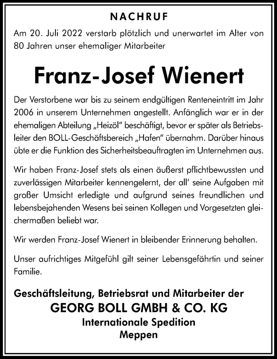 Traueranzeige von Franz-Josef Wienert von Neue Osnabrücker Zeitung GmbH & Co. KG