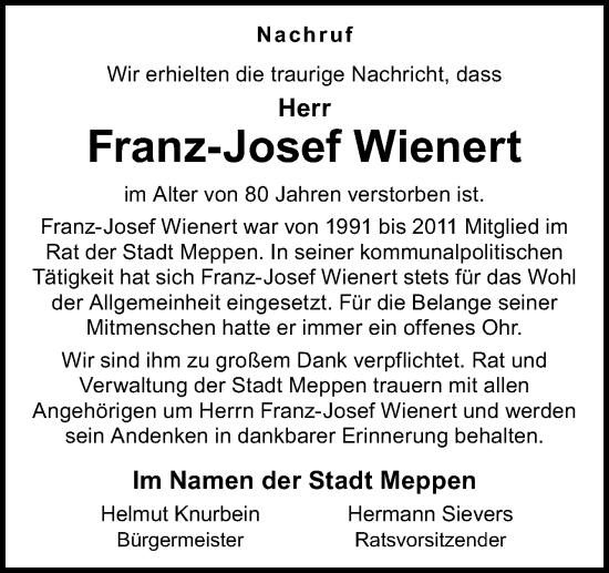 Traueranzeige von Franz-Josef Wienert von Neue Osnabrücker Zeitung GmbH & Co. KG