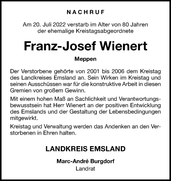 Traueranzeige von Franz-Josef Wienert von Neue Osnabrücker Zeitung GmbH & Co. KG