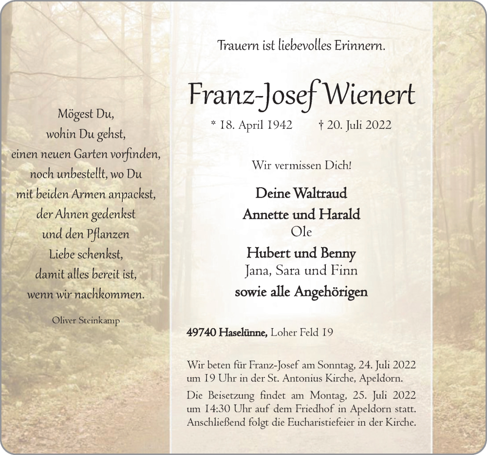  Traueranzeige für Franz-Josef Wienert vom 23.07.2022 aus Neue Osnabrücker Zeitung GmbH & Co. KG