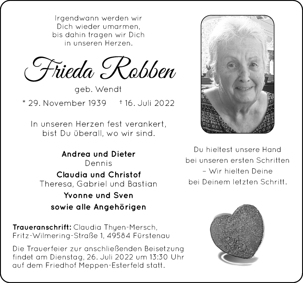  Traueranzeige für Frieda Robben vom 19.07.2022 aus Neue Osnabrücker Zeitung GmbH & Co. KG