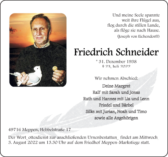 Traueranzeige von Friedrich Schneider von Neue Osnabrücker Zeitung GmbH & Co. KG