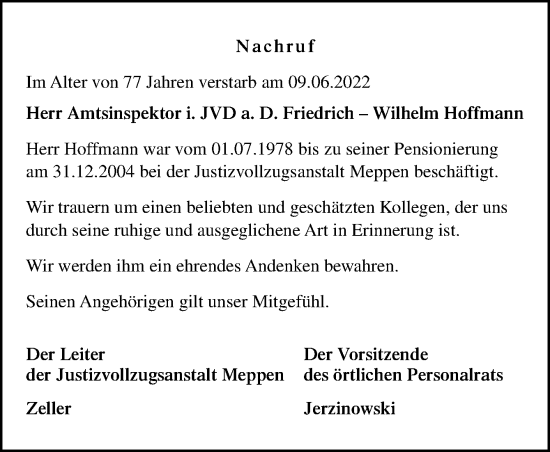 Traueranzeige von Friedrich-Wilhelm Hoffmann von Neue Osnabrücker Zeitung GmbH & Co. KG