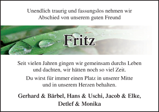 Traueranzeige von Fritz  von Neue Osnabrücker Zeitung GmbH & Co. KG
