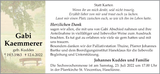 Traueranzeige von Gabi Kaemmerer von Neue Osnabrücker Zeitung GmbH & Co. KG