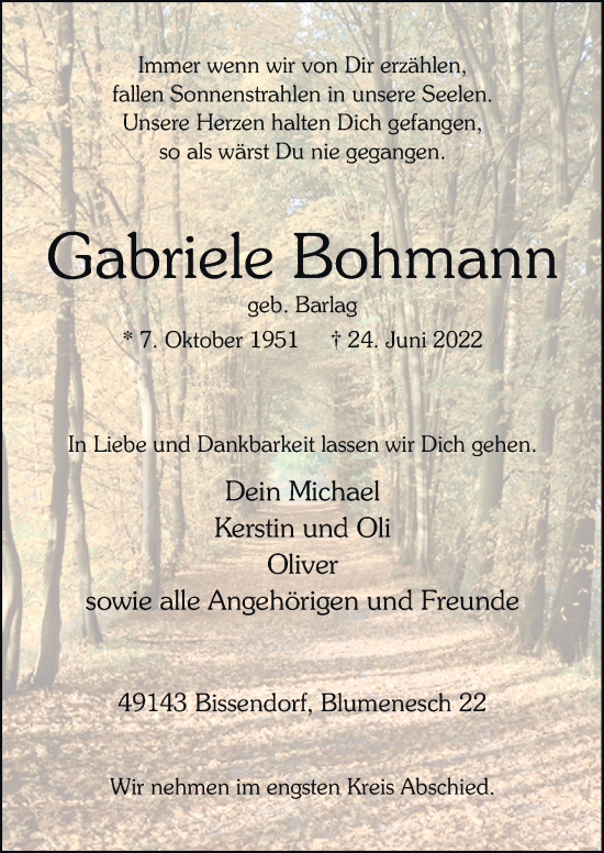 Traueranzeige von Gabriele Bobmann von Neue Osnabrücker Zeitung GmbH & Co. KG